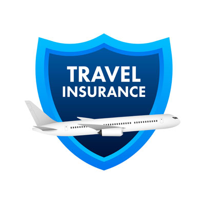 A graphic of an airplane flying across a blue shield with the words "travel insurance" depicted to represent coverage for travelers.